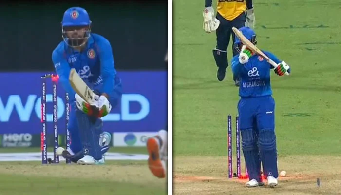 ایشیا کپ میچ میں راشد خان کی غلط فہمی مذاق بن گئی، بولڈ ہونے پر ری ویو مانگ لیا