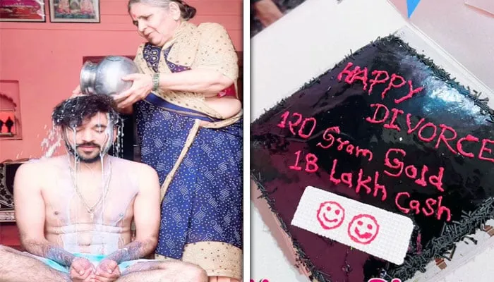 بھارت میں نوجوان نے طلاق کا جشن روایتی ہندو رسم میں ماں کے ہاتھوں دودھ سے نہلا کر منایا، ویڈیو وائرل