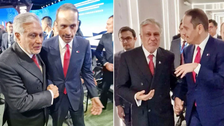 اسحاق ڈار کی قطر کے وزیراعظم سے ماسکو میں غیر رسمی ملاقات، دوطرفہ تعلقات اور علاقائی تعاون پر گفتگو